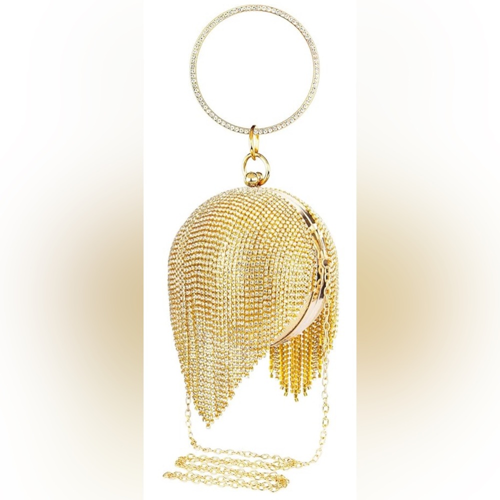 Rhinestone gold ball evening purse with tassels & ring handle. Holiday party. - Picture 2 of 9
